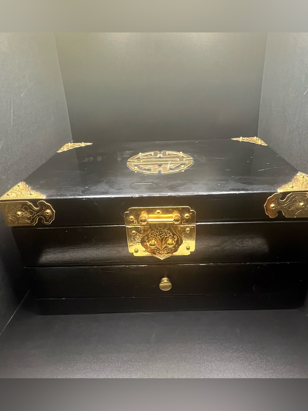 Vintage Asian Black Lacquer Jewelry Box Drawer Brass Hardware Chinese Longevity